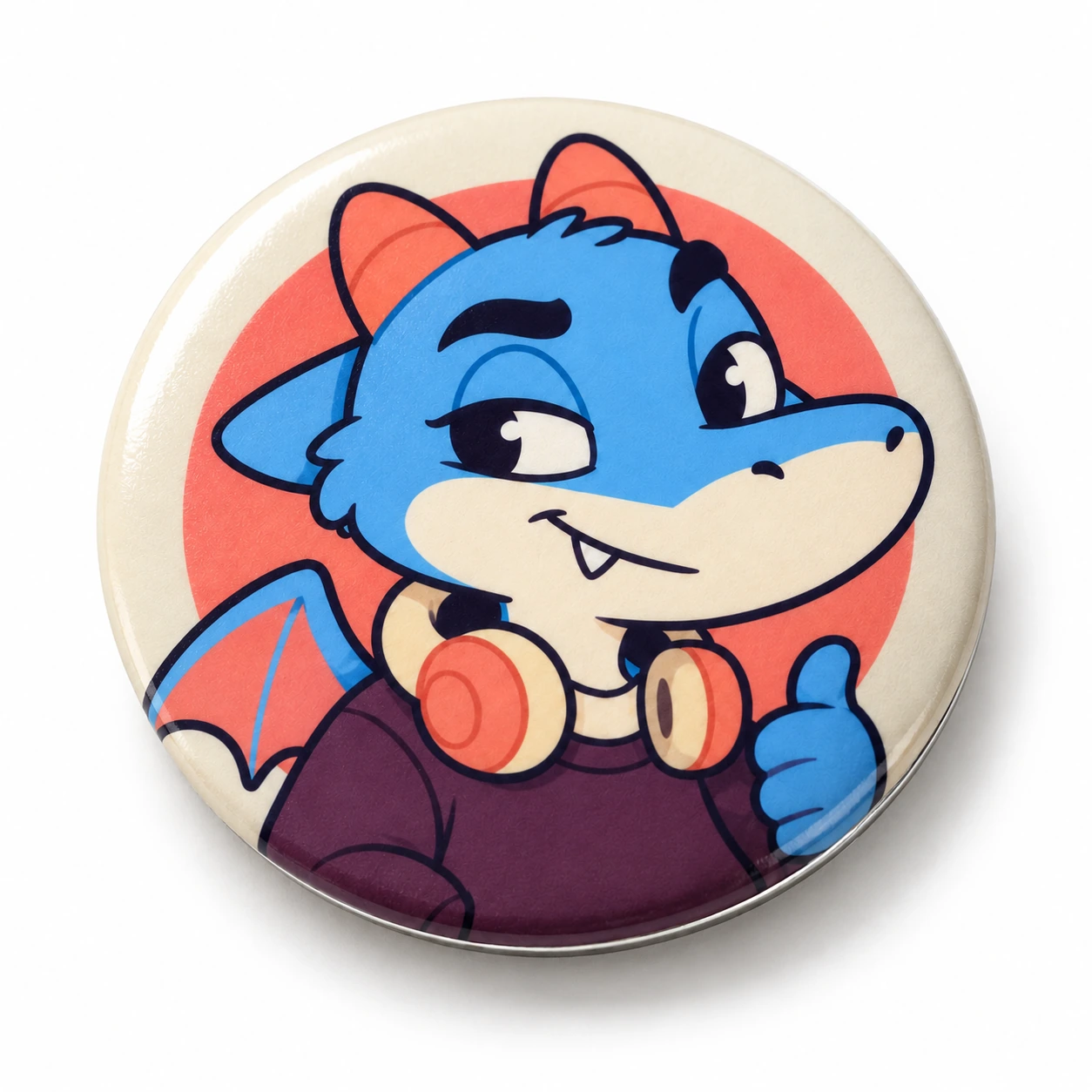 NU ARTFORM blue dragon printed on a round tinplate badge, AI product mockup on white